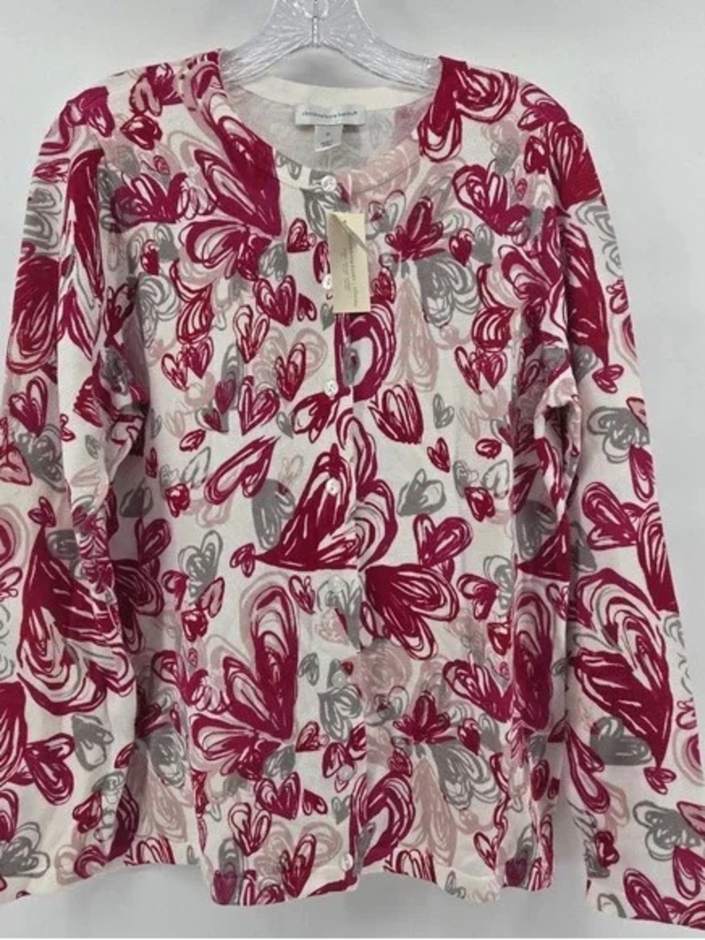 Christopher & Banks Cream Cardigan with Pink and Gray Heart Swirl Print